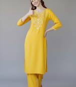 Yellow embroidered rayon kurta set
