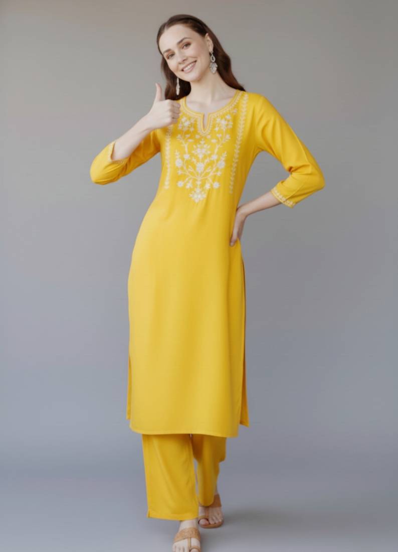 Yellow embroidered rayon kurta set