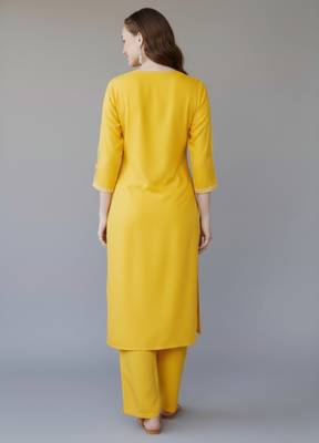 Yellow embroidered rayon kurta set 2