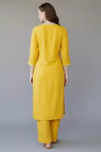 Yellow embroidered rayon kurta set