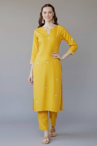 Yellow  embroidered rayon kurta set