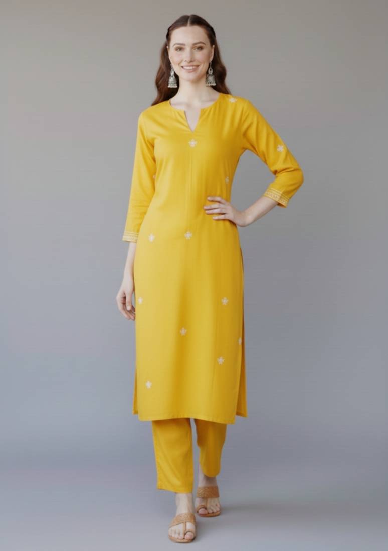 Yellow  embroidered rayon kurta set