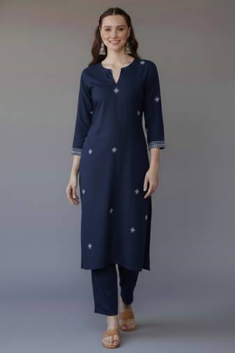 Navy  embroidered rayon kurta set