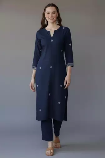Navy  embroidered rayon kurta set