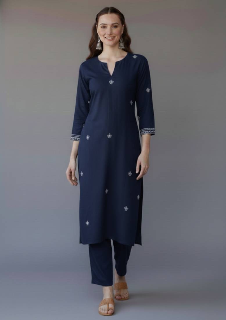 Navy  embroidered rayon kurta set