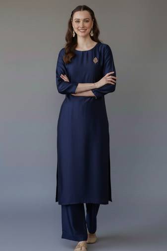 Navy embroidered rayon kurta set