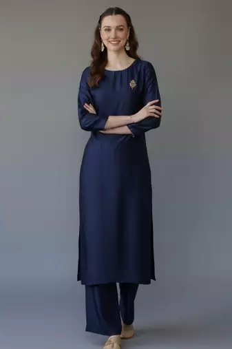 Navy embroidered rayon kurta set