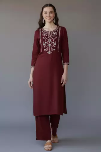 Maroon embroidered rayon kurta set