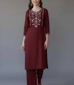 Maroon embroidered rayon kurta set