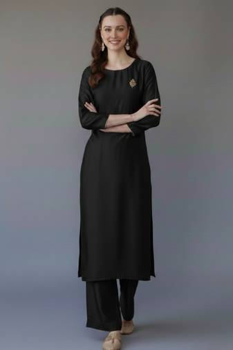 Black embroidered rayon kurta set