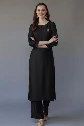 Black embroidered rayon kurta set