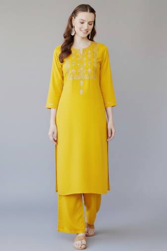 Yellow embroidered rayon kurta set