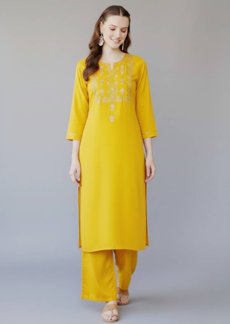 Yellow embroidered rayon kurta set