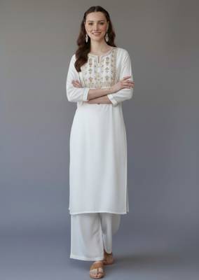 White embroidered rayon kurta set 1