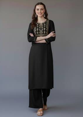 Black embroidered rayon kurta set 1