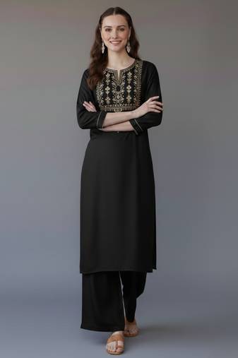 Black embroidered rayon kurta set