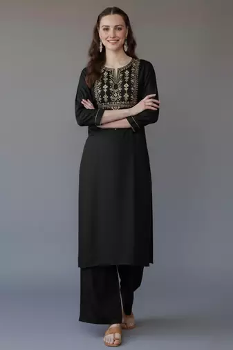 Black embroidered rayon kurta set