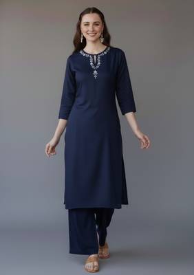 Navy embroidered rayon kurta set 1