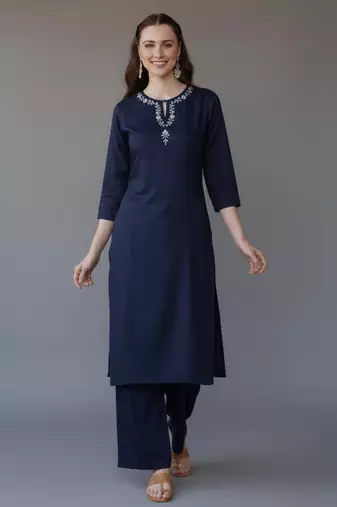 Navy embroidered rayon kurta set