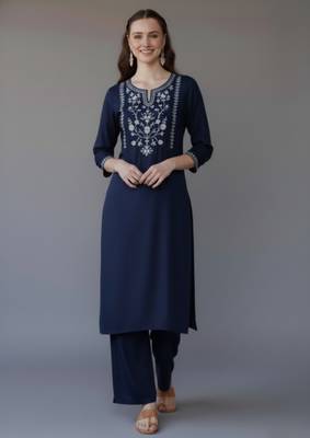 Navy embroidered rayon kurta set 1