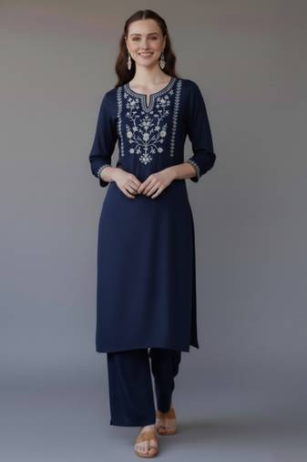Navy embroidered rayon kurta set