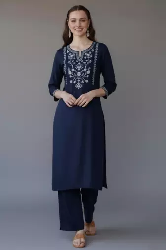 Navy embroidered rayon kurta set