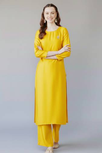 Yellow embroidered rayon kurta set