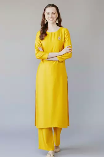 Yellow embroidered rayon kurta set