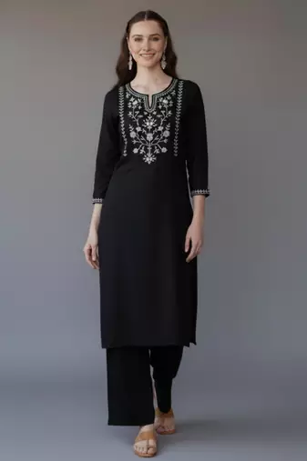 Black embroidered rayon kurta set