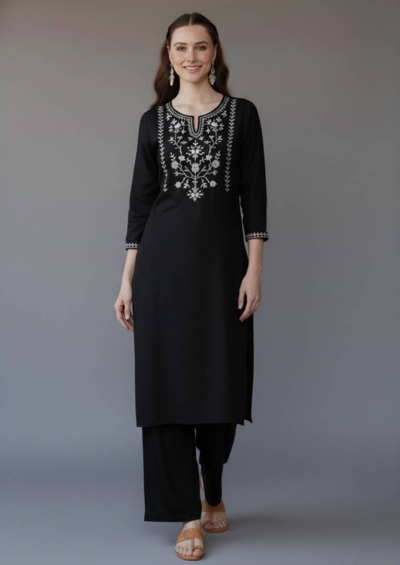 Black embroidered rayon kurta set
