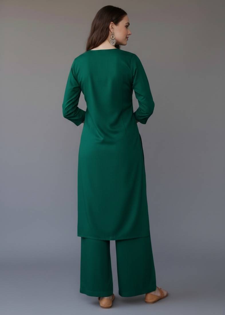 Green embroidered rayon kurta set