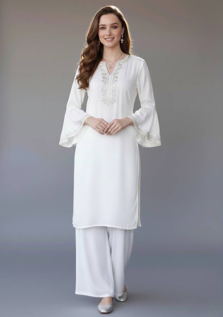 White embroidered rayon kurta set