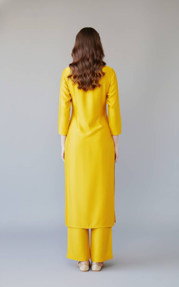 Yellow embroidered rayon kurta set