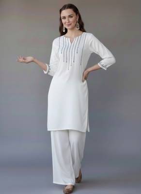 White embroidered rayon kurta set 1