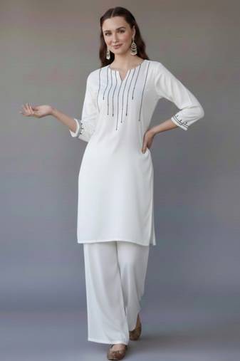 White embroidered rayon kurta set