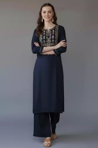 Navy embroidered rayon kurta set