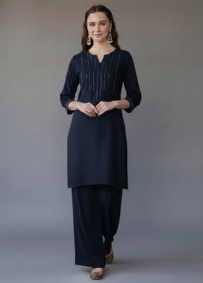 Navy embroidered rayon kurta set 1