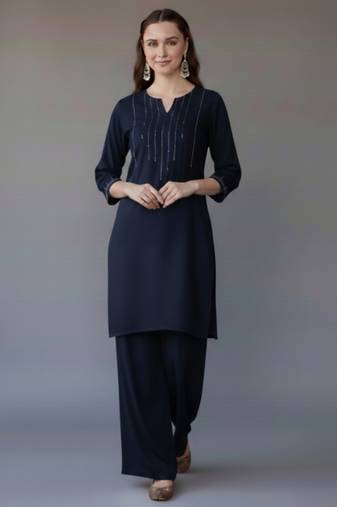 Navy embroidered rayon kurta set