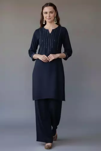 Navy embroidered rayon kurta set