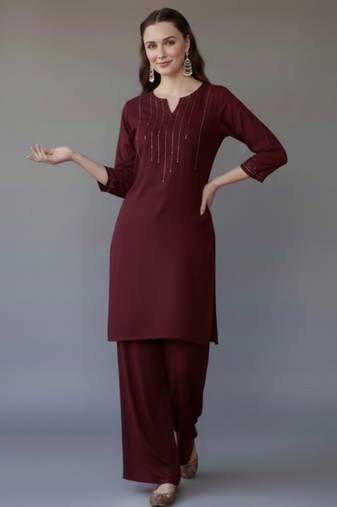 Maroon  embroidered rayon kurta set