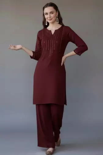 Maroon  embroidered rayon kurta set