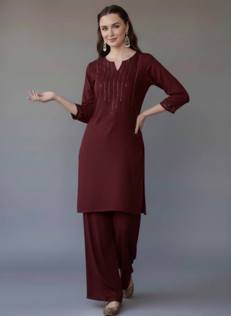 Maroon  embroidered rayon kurta set