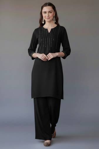 Black embroidered rayon kurta set