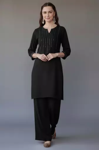 Black embroidered rayon kurta set