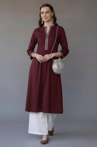 Maroon embroidered rayon kurta set