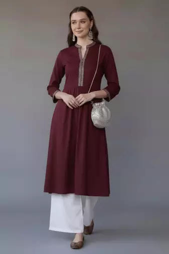 Maroon embroidered rayon kurta set
