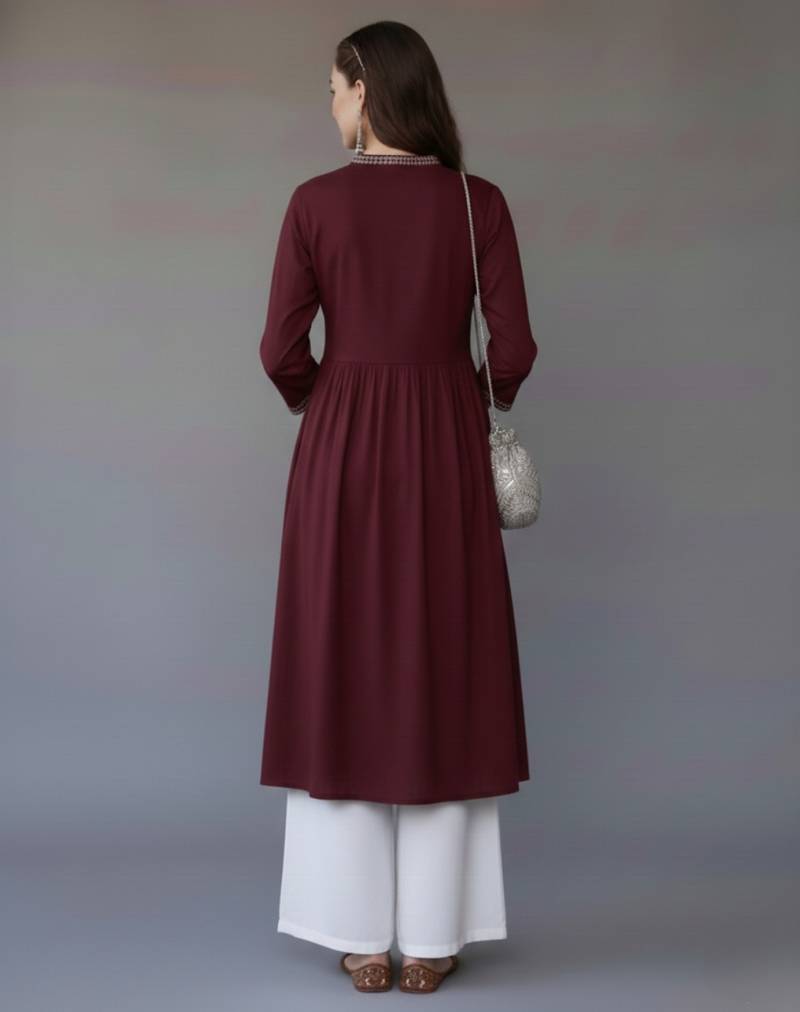 Maroon embroidered rayon kurta set