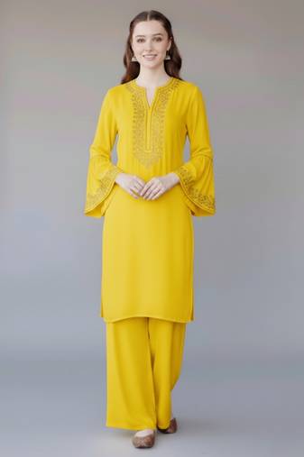 Yellow embroidered rayon kurta set