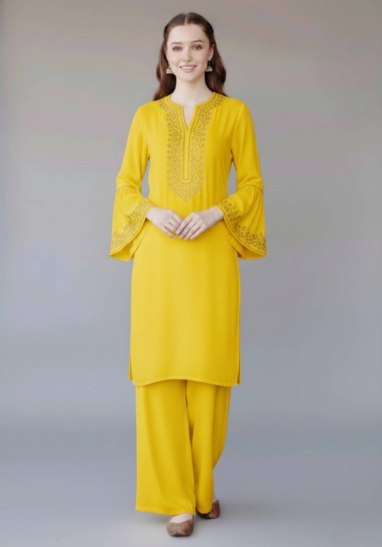 Yellow embroidered rayon kurta set