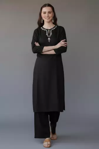Black embroidered rayon kurta set